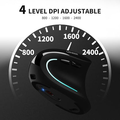 Uineer Ergonomic Wireless Vertical Mouse, Tri-Mode Bluetooth 5.0/4.0 and 2.4G USB, Rechargeable Silent Computer Mouse for Laptop, MacBook, iPad and PC, 4 DPI Levels, LED Light, 3-Device Switching