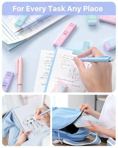 Four Candies Pastel Mechanical Pencil Set, 0.5mm Fine Point, Pack of 6 | 360 HB/2B Leads, 3 Erasers+9 Refills, Storage Case, Cute Pink/Purple/Blue Barrels, Rubber Grip, for Homework & Journal - style: 0.5 mm
