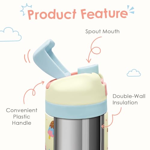 Ice Cream Kids Insulated Stainless Steel Water Bottle 16 Oz, Travel Tumbler for School, Sports for Girls, Birthday, Back To School - color: Ice Cream