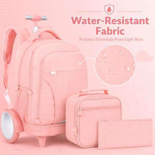 AGSDON Quiet Glide Rolling Backpack with Lunch Box Set - Large Wheel Water-Resistant Wheeled Bag for Business, Travel, and College | Blush Pink 3-in-1 Organizer Backpack - color: Reflective Pink - Rolling Backpack