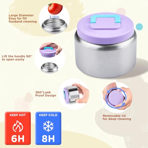 MAISON HUIS Bento Box for Kids with 8oz Soup Thermo, Insulated Lunch Bag & 17oz Water Bottle, 2-Compartment Bento Box with Built-In Ice Pack, Leak-Proof & BPA-Free (Purple) - color: Purple