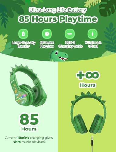 iClever BTH12 Kids Bluetooth Headphones,Colorful LED Lights Wireless Kids Headphones,74/85dBA Safe Volume,85H Playtime,Bluetooth 5.2,Over Ear Dinosaur Headphone Built-in Mic for iPad/Tablet/Airplane - color: C-Green