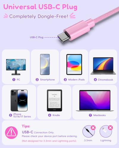 Candy Bila USB C Kids Headphones for School, 85dB Volume Limited, Wired Over-Ear Headphones for Kids, Adjustable Headband, Foldable Design for Travel, iPad, Tablet, Chromebook, Gradient Rose Pink - color: Gradient Rose Pink