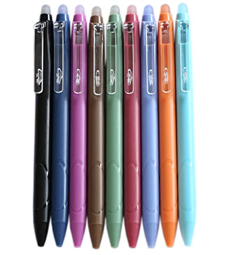 Vintage 9 Colors Erasable Gel Ink Pens 0.5mm Point Assorted Erasable Gel Pen Retractable for Writing Drawing Coloring Art Pack of 9PCS