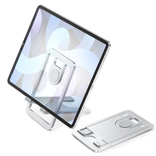 Itramax Tablet Stand for Desk,Foldable iPad Stand Desktop,Adjustable Portable Tabletop Nightstand Holder for Kindle Fire,Scribe,Paperwhite,iPhone 17 16 15,iPad Pro,Air,Mini,Samsung Galaxy Tab S10 S9 - color: Silver – for Tablet (Max 800g)