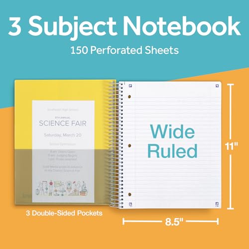 Oxford Spiral Notebook with Free Study App, 3 Subject, Wide Ruled, Ultra Smooth Paper, No Ink Bleed-Through, Strong Poly Yellow Cover, 3 Durable 2 Sided Pockets, 150 Easy Perforated 8.5" x 11" Sheets - color: Yellow