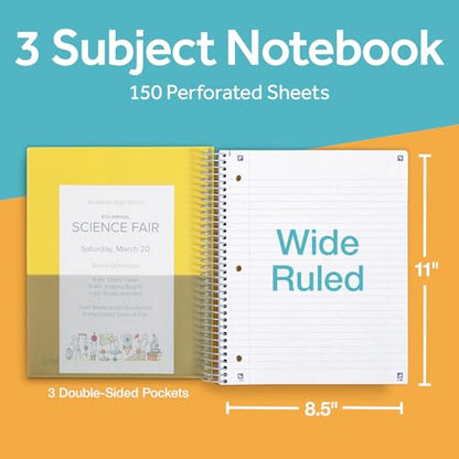 Oxford Spiral Notebook with Free Study App, 3 Subject, Wide Ruled, Ultra Smooth Paper, No Ink Bleed-Through, Strong Poly Yellow Cover, 3 Durable 2 Sided Pockets, 150 Easy Perforated 8.5" x 11" Sheets - color: Yellow