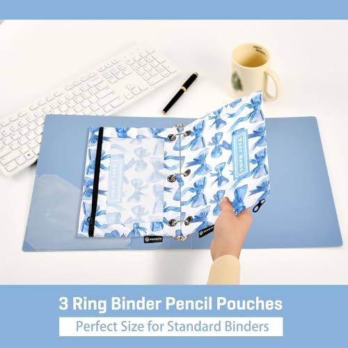 Custom Binder Pencil Pouches Personalized Blue Ribbon Bows Watercolor Pen Case | Clear Window 3 Rings, Cosmetic Bags School Office Supplies Cosmetic Makeup Bag 2 Psc - color: Custom-blue Bows