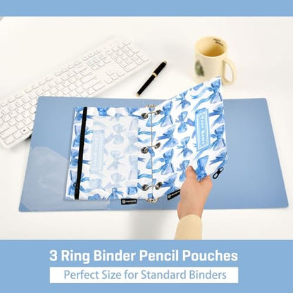 Custom Binder Pencil Pouches Personalized Blue Ribbon Bows Watercolor Pen Case | Clear Window 3 Rings, Cosmetic Bags School Office Supplies Cosmetic Makeup Bag 2 Psc - color: Custom-blue Bows