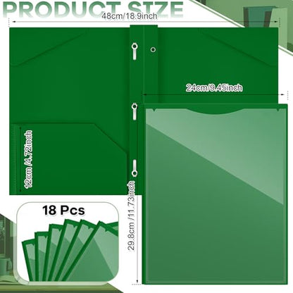 Henoyso 18 Pcs Plastic Folder with Clear Front Pocket and 3 Prong Plastic Folders with Card Slot Pocket Folders with Prongs for School Office (Dark Green) - color: Dark Green