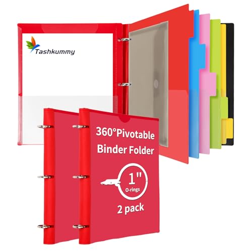 360 Pivotable Project Organizer, 2 Pack 3 Ring Binder with Colored Tab Dividers with Pockets, Customizable Front Cover Multi Pocket Folder for Home, School, Office - Red - color: Red, size: 2 PCS