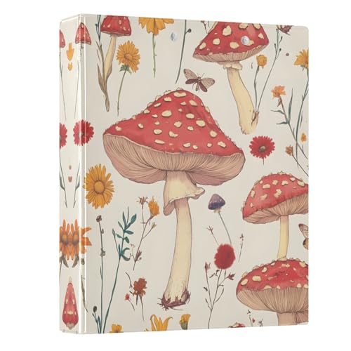 3 Ring Binder with Clipboard, D Rings Holds 200 Sheets, Heavy Duty Binders Folder for School Office, Waterproof PVC Cover with 3 Interior Clear Pockets, Mushrooms