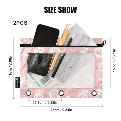 Emelivor Cute Paw Pink Pencil Pouch for 3 Ring Binder 2 Pcs Pockets Pencil Pouches Bag with Clear Pencil Case Cosmetic Bag for College Office Daily Supplies - color: 30-Paw Pink