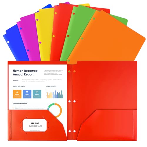 Habgp Plastic Folders with Pockets, 6 Assorted Color for 3 Hole Punched Binder Folder, Heavy Duty Letter Size File 2 Pockets Folders for Documents Office School - size: 1 set (6 pcs)