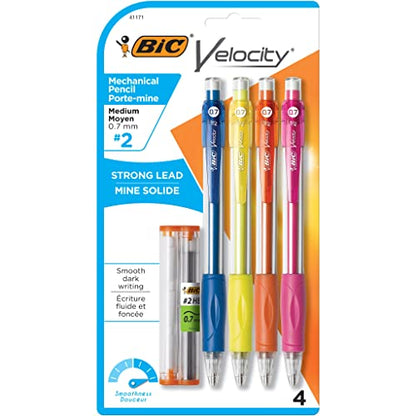 BIC Velocity Mechanical Pencils, With Colorful Barrel, Medium Point (0.7 mm), School Supplies for Students and Teachers, 4-Count Pack - size: 4 Count (Pack of 1)