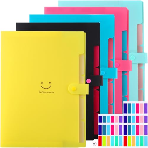 5PCS Expanding File Folders,Plastic Accordion Folder with 5 Pocket,A4 Size Accordion Document Organizer,Portable File Folder with 60Label for Home Office,Yellow+Rose Red+Lake Blue+Cyan+Black - color: Yellow, Rose Red, Lake Blue, Cyan, Black
