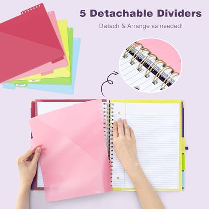EYROZILL Spiral Notebook Clipboard with Removable Dividers Tabs, 5 Subject Notebook College Ruled, 8.5"x11" Hardcover Lined Journals with 12 Storage Pockets School Office Work Supplies