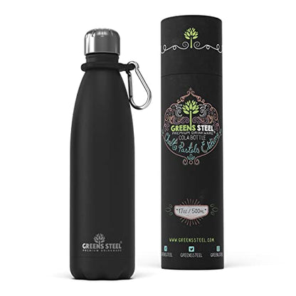 Greens Steel Stainless Steel Water Bottle - 17 oz, Black | Vacuum Insulated Double Wall with Screw Lid/Leak Proof | Thermal Travel Sports Canteen Coffee Flask - color: Black, size: 17 Ounces