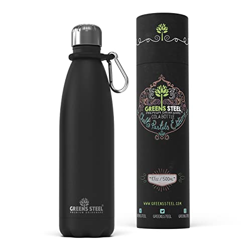 Greens Steel Stainless Steel Water Bottle - 17 oz, Black | Vacuum Insulated Double Wall with Screw Lid/Leak Proof | Thermal Travel Sports Canteen Coffee Flask - color: Black, size: 17 Ounces