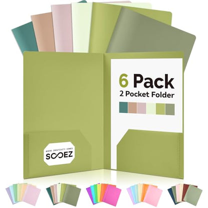 Sooez 6Pack Folders with Pockets, Pocket Folders with Extra Labels, Plastic Folders with Pockets, 2 Pocket Folders Bulk, Heavy Duty File Folders, School Folders Business Folder Office Filing Supplies - color: Green Colors