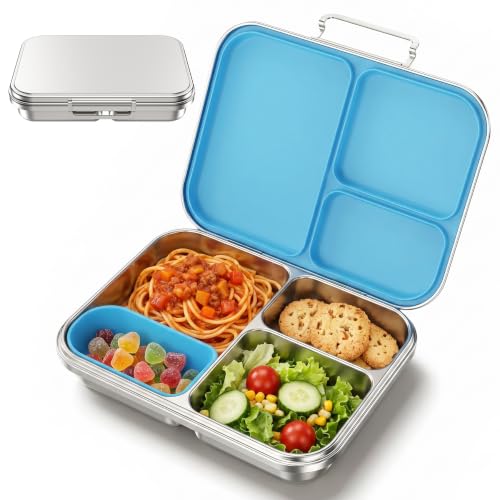 Pawtong Stainless Steel Bento Box for Kids and Adults, 3 Compartment Leakproof Lunch Box with Removable Silicone Seal and Silicone Contianer, Metal Lunch Container for School, Work and Travel (Blue) - color: Blue