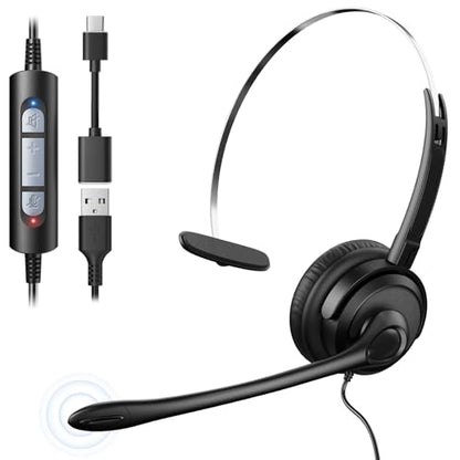 Voistek USB Headset with Microphone for PC & Laptop, Wired Mono Computer Headset with Noise Cancelling Microphone,in-Line Volume Control for Teams, Zoom, VoIP,Skype - style: Single Ear