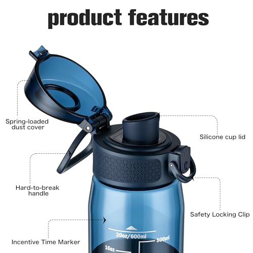 GOPPUS 20oz Kids Water Bottle with Time Marker & Handle, Tritan BPA-Free, Reusable Leakproof Anti-Dust Everyday, Clear Kids Water Bottles For School,Car Travel, Gifts Boys Girls(Navy Blue) - color: Navy Blue