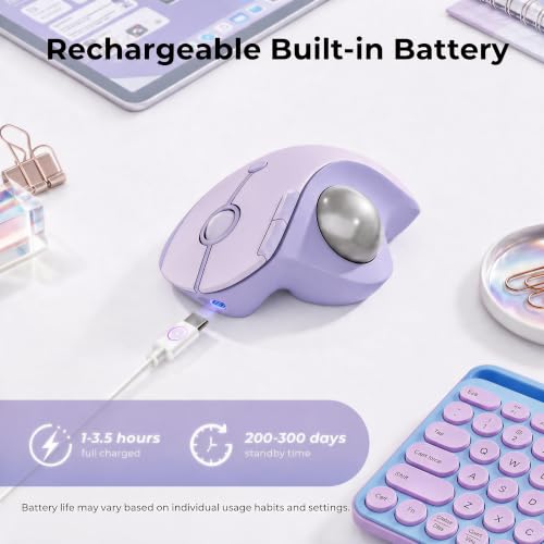 seenda Wireless Trackball Mouse, Ergonomic Bluetooth Rollerball Mouse Rechargeable, 3 Device Connection Optical Mice Adjustable DPI Thumb Control Mice Compatible for PC/Laptop/Windows - Light Purple - color: Light Purple