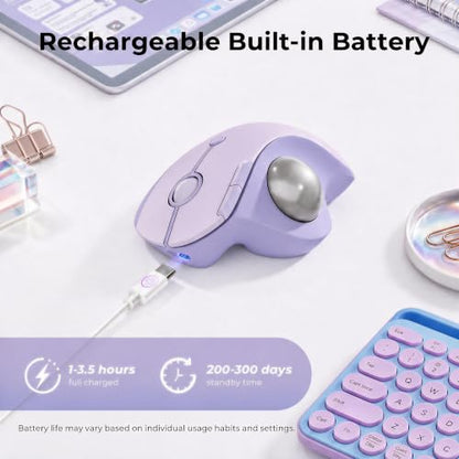seenda Wireless Trackball Mouse, Ergonomic Bluetooth Rollerball Mouse Rechargeable, 3 Device Connection Optical Mice Adjustable DPI Thumb Control Mice Compatible for PC/Laptop/Windows - Light Purple - color: Light Purple
