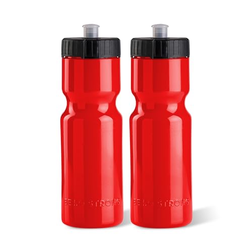 50 Strong Sports Water Bottles – Reusable 22 oz BPA-Free Plastic Bottles with Pull Top Cap – Made in USA – Top Rack Dishwasher Safe – Fits Most Bike Cages Brand - color: Red, style: 2 Pack