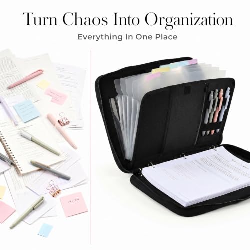 Sturdy 3 Ring Zipper Binder with Strap for School - Beautiful 1 Inch Zip Up Binder with 5-Tab Dividers Holds 420 Sheets, Books & Laptop - Easy to Carry Trapper Keeper Made of Premium Fabrics - color: Black