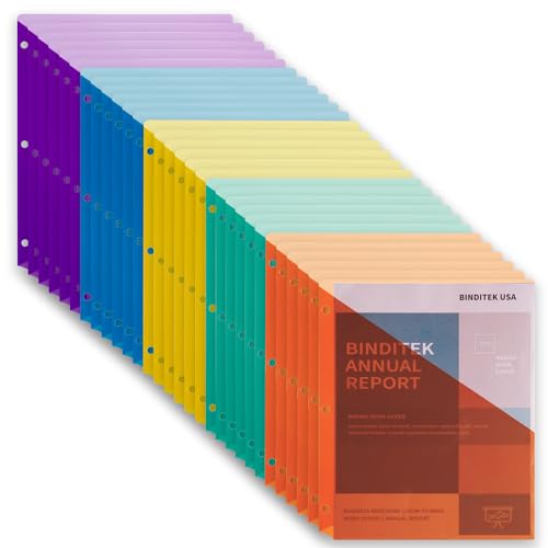 Binditek 30 Pack Poly Slash File Jackets for 3 Ring Binder, 3-Hole Punched Binder Pockets Organizer, Letter Size, 5 Assorted Colors, for Students and Coworkers - size: 30 Pack