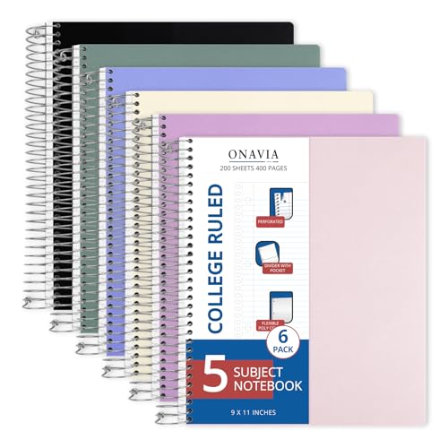 ONAVIA 5 Subject Spiral Notebook College Ruled 6 Pack, 400 Pages, Assorted | 200 Sheets, 9 x 11 in, 6 Pack Waterproof Plastic Cover, Durable, School Notebooks, Classroom, Teachers - color: Assorted Colors