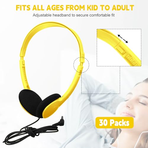 Konohan 30 Pack Headphones Bulk Headphone for School Classroom Student Wired Headphones Adjustable with 3.5 mm Jack for Adults (Yellow) - color: Yellow