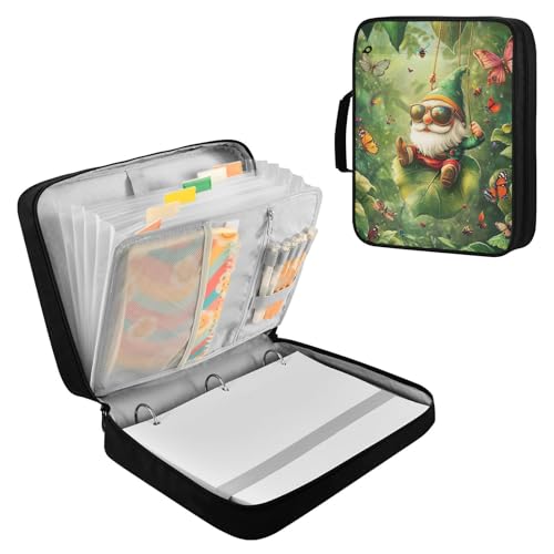 3-Hole Ring Binder Organizer Portfolio with 7-Slot Smart Filing Sleeve Jungle Gnome Green Expandable Filing Folder with Zippered Pencil Pouch