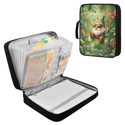 3-Hole Ring Binder Organizer Portfolio with 7-Slot Smart Filing Sleeve Jungle Gnome Green Expandable Filing Folder with Zippered Pencil Pouch