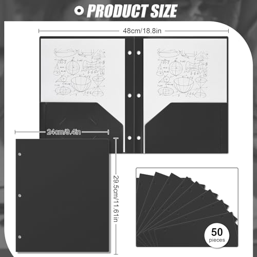 Yeaqee 50 Pcs Plastic Folders with Pockets Bulk 3 Hole Punched 2 Pocket File Folders for 3 Ring Binder Divider Folder for Notebooks, Durable Poly for Office Home (Black) - color: Black