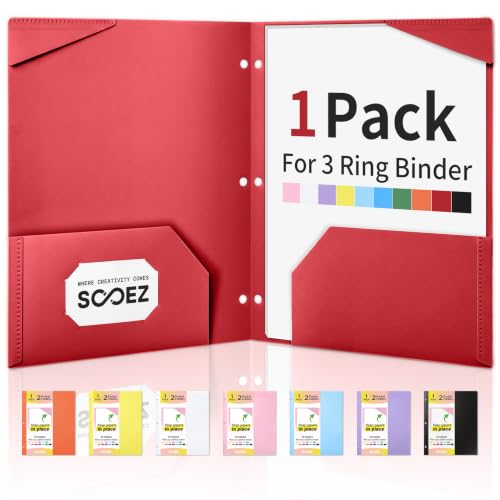 Sooez 2-Pocket Folders, Plastic Folders with Pockets 3 Hole Punched | 1 Pack Pockets Folder for 3 Ring Binder with Labels, Heavy Duty Binder Folder for Document, Letter Size File Folder,Red - color: Red, size: 1 Pack