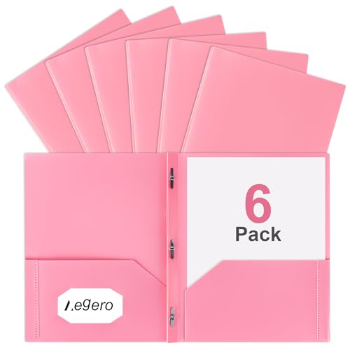Aegero Folders with Pockets and Prong with Fasteners (6 Pack,Pink),Durable Plastic Pocket Folders with Prongs,Tear Resistant,2 Pocket 3 Prong Folders for Schoolwork & Office,Letter Size - color: Pink, size: 1 Set（6pack）