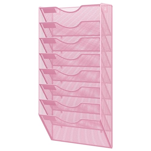 EasyPAG 8 Pocket Mesh Wall File Organizer, Hanging Paper Folder Holder with Classify Label, Vertical Wall Mount Mail Organizer for Office Home Classroom, Pink - color: Pink, size: 8 Tier
