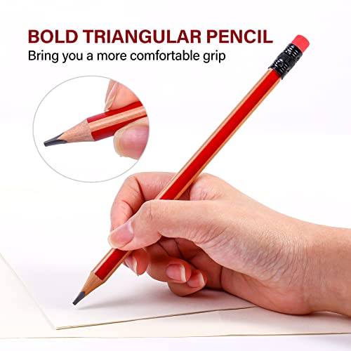 Triangular Jumbo Pencils, 2B Pre-Sharpened with Eraser, Red, 6 Pcs | Fat, Thick, Strong Wood Triangular Design for Beginners for Writing, Drawing, School, Art, Sketching and Shading - color: Red, style: 2B Lead