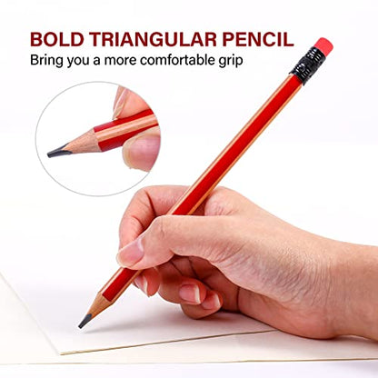 Triangular Jumbo Pencils, 2B Pre-Sharpened with Eraser, Red, 6 Pcs | Fat, Thick, Strong Wood Triangular Design for Beginners for Writing, Drawing, School, Art, Sketching and Shading - color: Red, style: 2B Lead