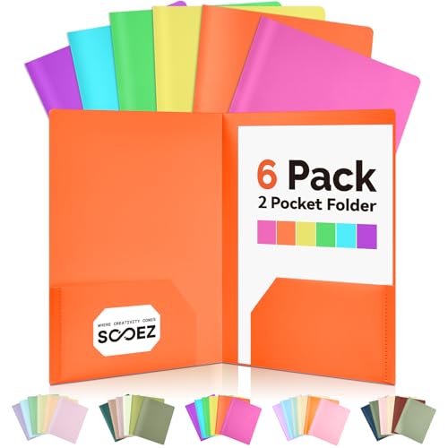 Sooez 6Pack Folders with Pockets, Pastels Colors, Heavy Duty Pocket Folder, Plastic Folders with Pockets, 2-Pocket Folder Bulk, Aesthetic File Folder, Back to School Office Filing Supplies - color: Bright Colors