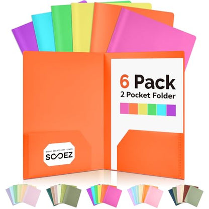 Sooez 6Pack Folders with Pockets, Pastels Colors, Heavy Duty Pocket Folder, Plastic Folders with Pockets, 2-Pocket Folder Bulk, Aesthetic File Folder, Back to School Office Filing Supplies - color: Bright Colors
