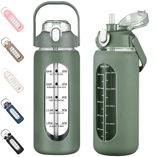 56oz Glass Water Bottles with Straw, Motivational Glass Bottle with Silicone Sleeve and Time Marker, Leakproof Large Glass Water Jug for Gym Home Office,Olive - color: Olive, size: 56 Ounces