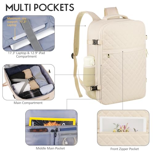 MOMUVO Large Travel Backpack Women, Flight Approved Carry On Backpack, Water Resistant Anti-Theft Large Casual Daypack Fit 17 Inch Laptop with USB Charging Port, Beige - color: Beige, size: 17.3 inch