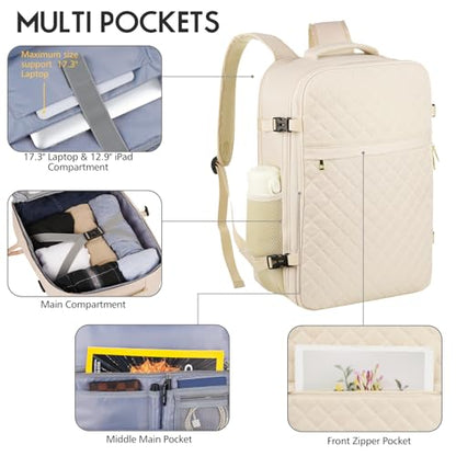 MOMUVO Large Travel Backpack Women, Flight Approved Carry On Backpack, Water Resistant Anti-Theft Large Casual Daypack Fit 17 Inch Laptop with USB Charging Port, Beige - color: Beige, size: 17.3 inch