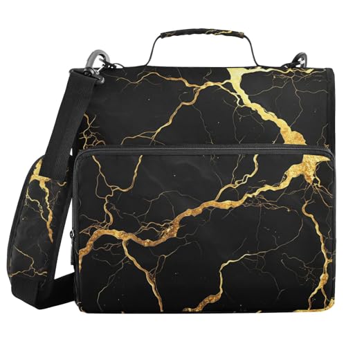 Gredecor 3 Ring Zipper Binder with Shoulder Strap, Gold Black Marbling Multi-Pockets Organizer Binder Bag Holds 500 Sheets for School and Office - color: Gold Black Marbling
