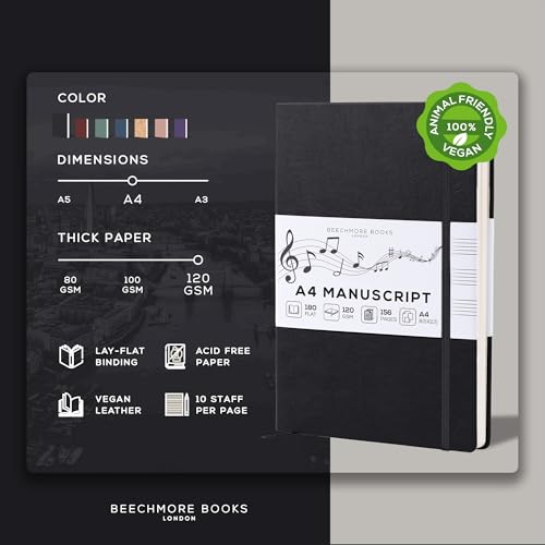 Beechmore Books Blank Sheet Music Notebook – A4 8.5"x11.5" for Songwriters, Musicians & Composers, 156 Thick 120gsm Pages, 10-Staff Perforated Sheets, Vegan Leather Hardcover, Elastic Closure, Gift Box - color: Charcoal Black