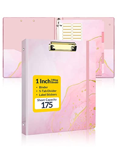SUNEE 1 Inch Binder with Dividers, Pink Binder with Clipboard, Three Ring Binder Organizer, 5 Tabs, 18 Labels and 2 Pockets, Letter Size for School and Office Supplies, Pink Marble Design - color: Pink Marble, size: 1 in, style: Binder with Clip